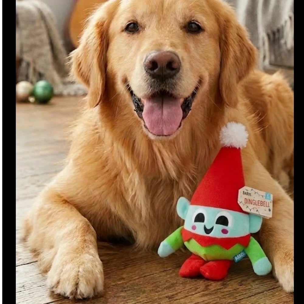BARK Box Dinglebell Elf Dog Toy Large Dog Spiky Ball‎ Squeaker Crinkle Red NWT